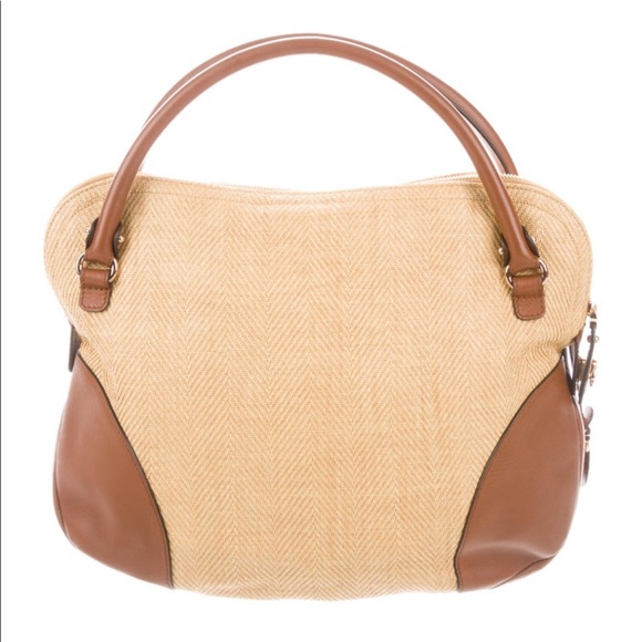 NWOT - SALVATORE FERRAGAMO Yellow/Brown Woven Raffia and Leather Gancio Satchel - Picture 5 of 12